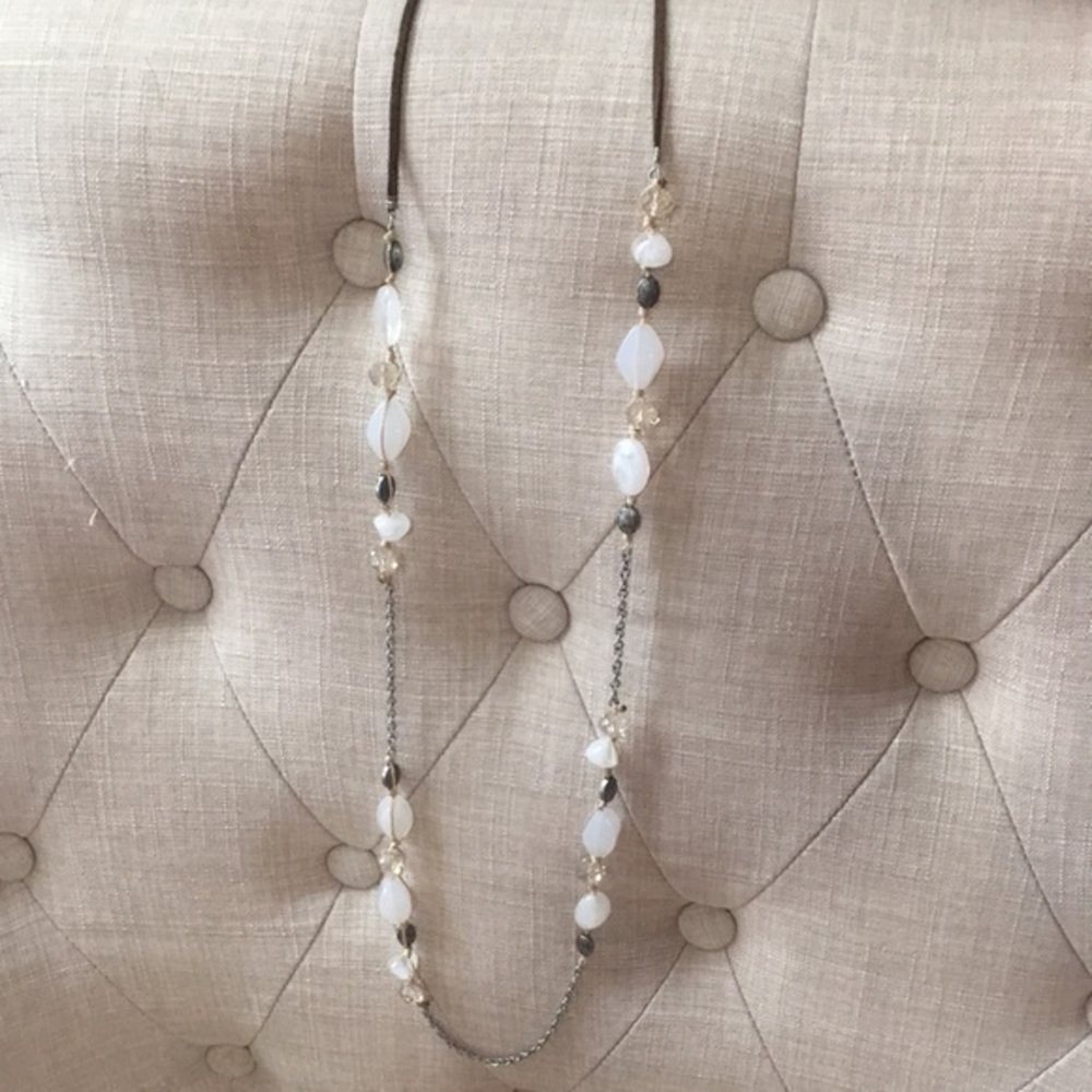 Stone and jewel long necklace with clasp, subtle silver, brown and golds